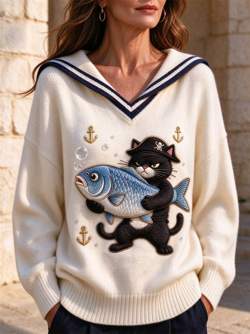 Women's Off White Pirate Cat Fish Print Sailor Collar Long Sleeve Sweater