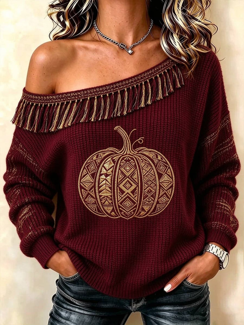 Women's Thanksgiving Burgundy Pumpkin Geometric Print Off Shoulder Long Sleeve Sweater