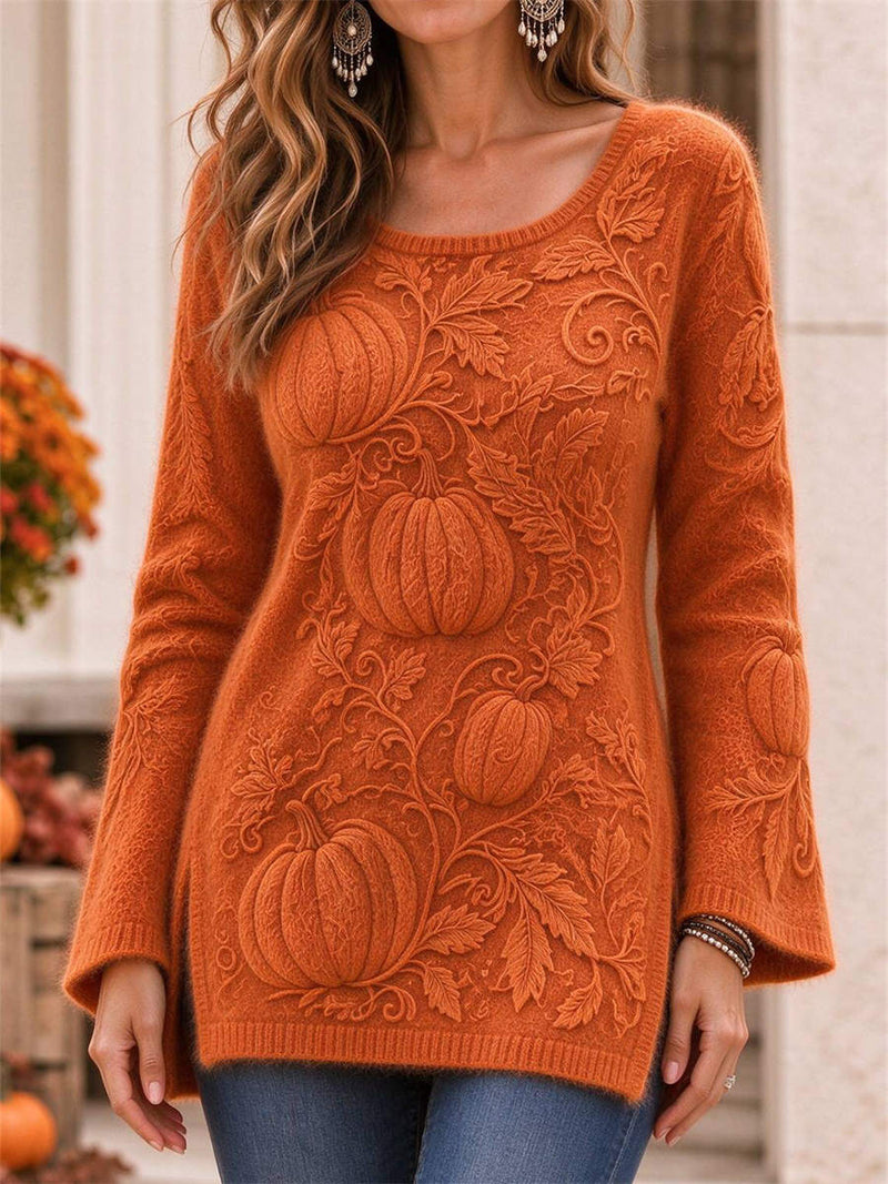 Women's Thanksgiving Orange Pumpkin Leaf Print Square Neck Flare Long Sleeve Sweater