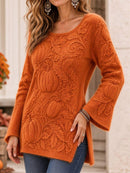 Women's Thanksgiving Orange Pumpkin Leaf Print Square Neck Flare Long Sleeve Sweater