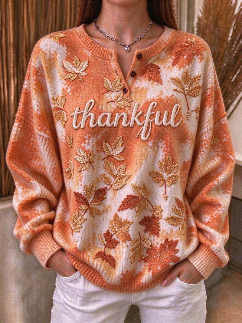 Women's Thanksgiving Orange Maple Leaf Thankful Print Henley Long Sleeve Sweater