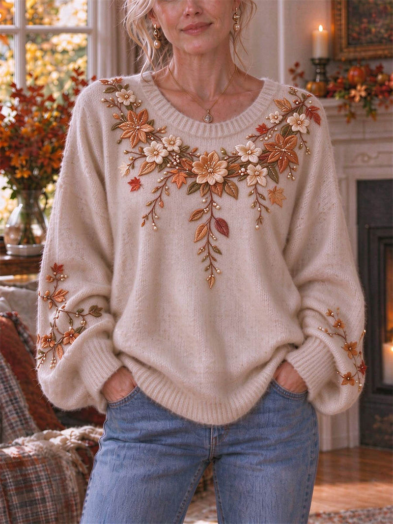 Women's Thanksgiving Cream Floral Maple Leaf Print Crew Neck Long Sleeve Sweater