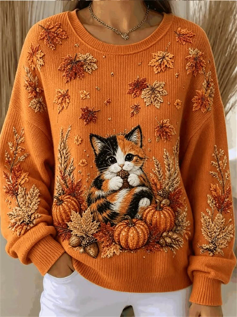 Women's Thanksgiving Orange Cat Pumpkin Maple Leaf Print Crew Neck Long Sleeve Sweater