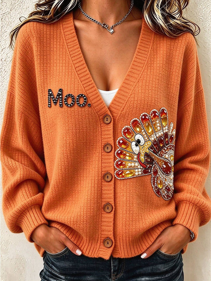 Women's Thanksgiving Orange Turkey Moo Print V Neck Long Sleeves Cardigan