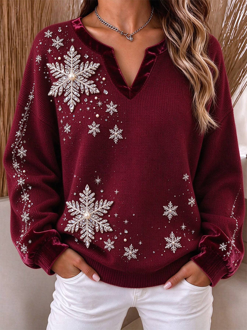 Women's Christmas Burgundy Snowflake Print Notch V Neck Long Sleeves Sweater