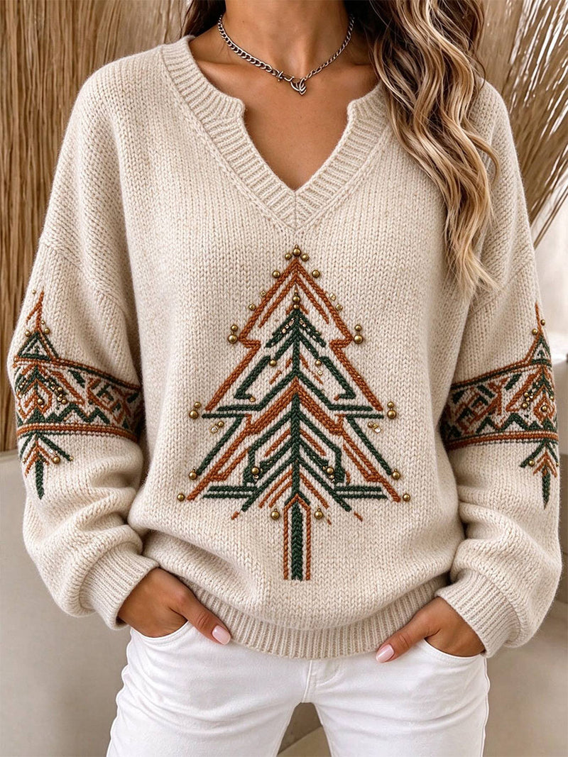 Women's Christmas Cream Christmas Tree Print Notch V Neck Long Sleeves Sweater