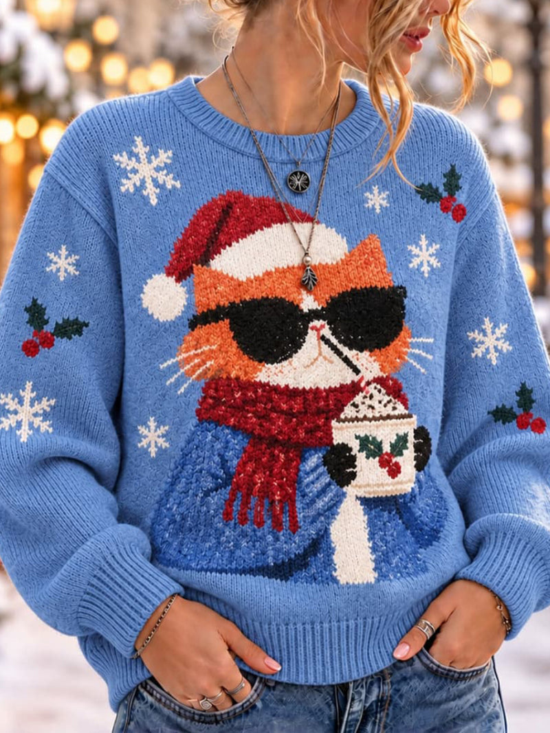 Women's Christmas Blue Cat Snowflake Round Neck Long Sleeves Sweater
