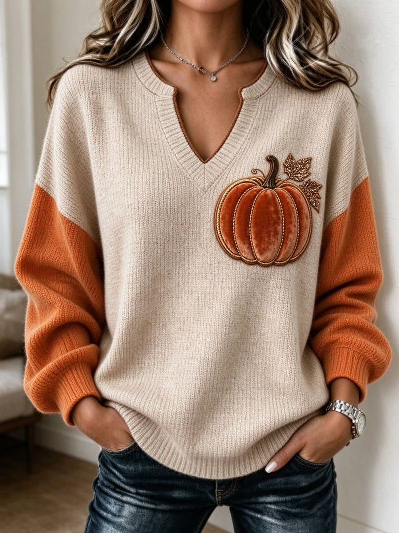 Women's Thanksgiving Multi Pumpkin V Neck Long Sleeves Sweater