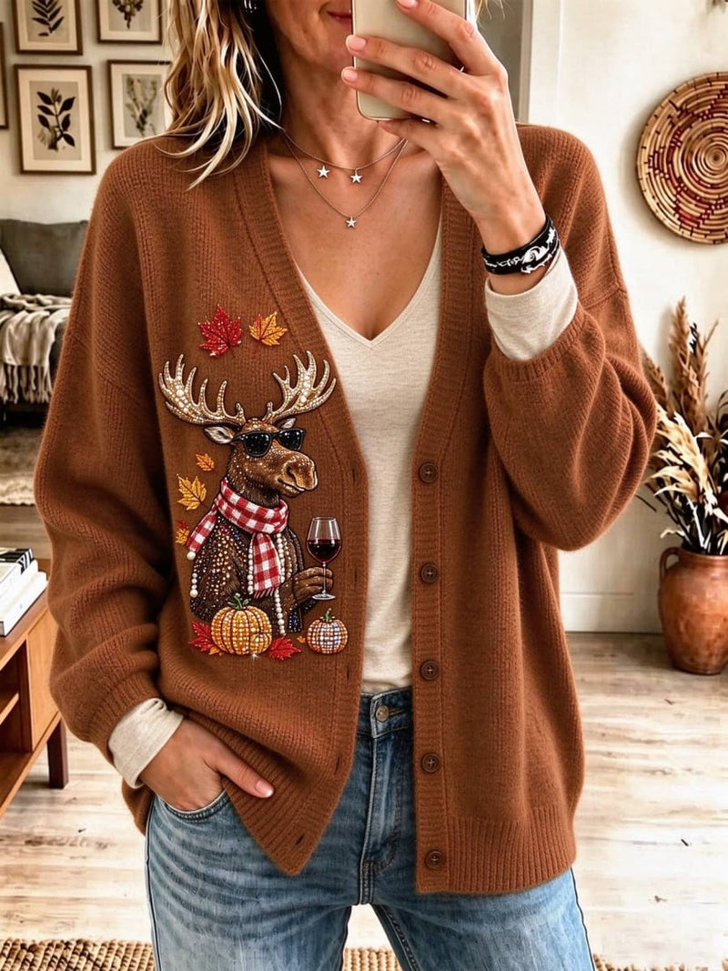 Women's Thanksgiving Brown Moose Maple V Neck Long Sleeves Cardigan