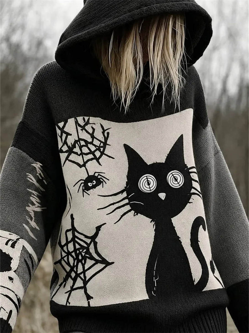 Women's Halloween Black Cat Spider Web Print Hooded Long Sleeve Sweater