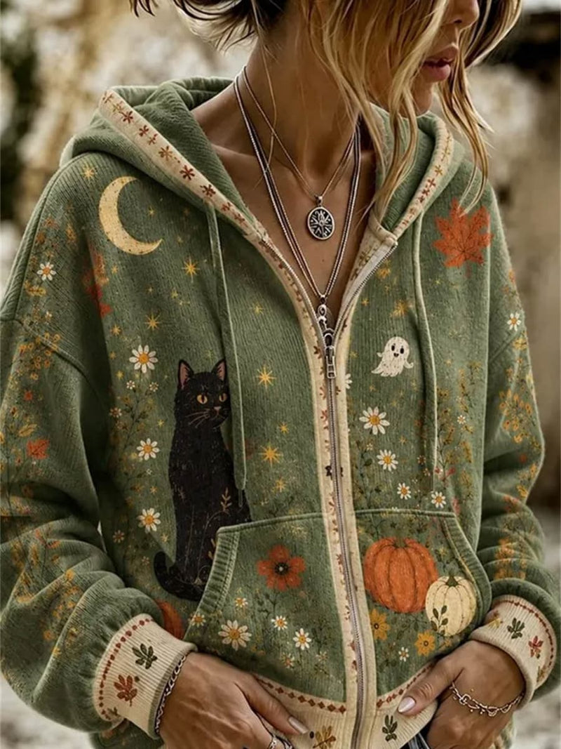 Women's Halloween Green Cat Print Zip Up Hooded Sweater
