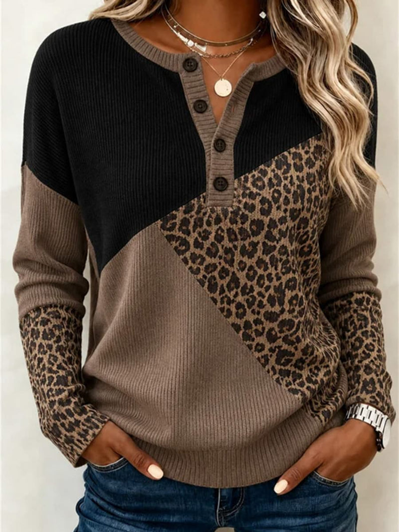Women's Black Leopard Patchwork Henley Neck Long Sleeve Sweater