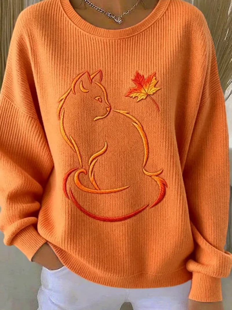 Women's Orange Cat Leaf Print Round Neck Long Sleeve Sweater