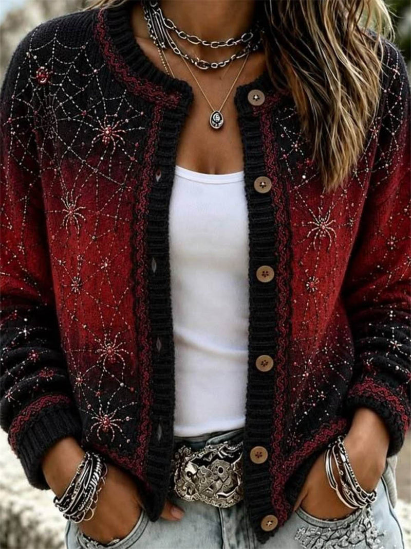 Women's Halloween Black Red Spider Web Cardigan Round Neck Long Sleeve Cardigan
