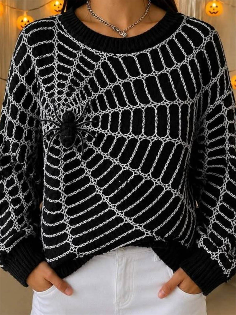 Women's Halloween Black White Spider Web Print Round Neck Long Sleeve Sweater