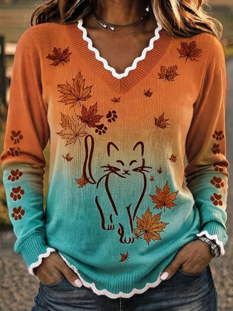 Women's Orange Green Cat Leaf Print V Neck Long Sleeve Sweater