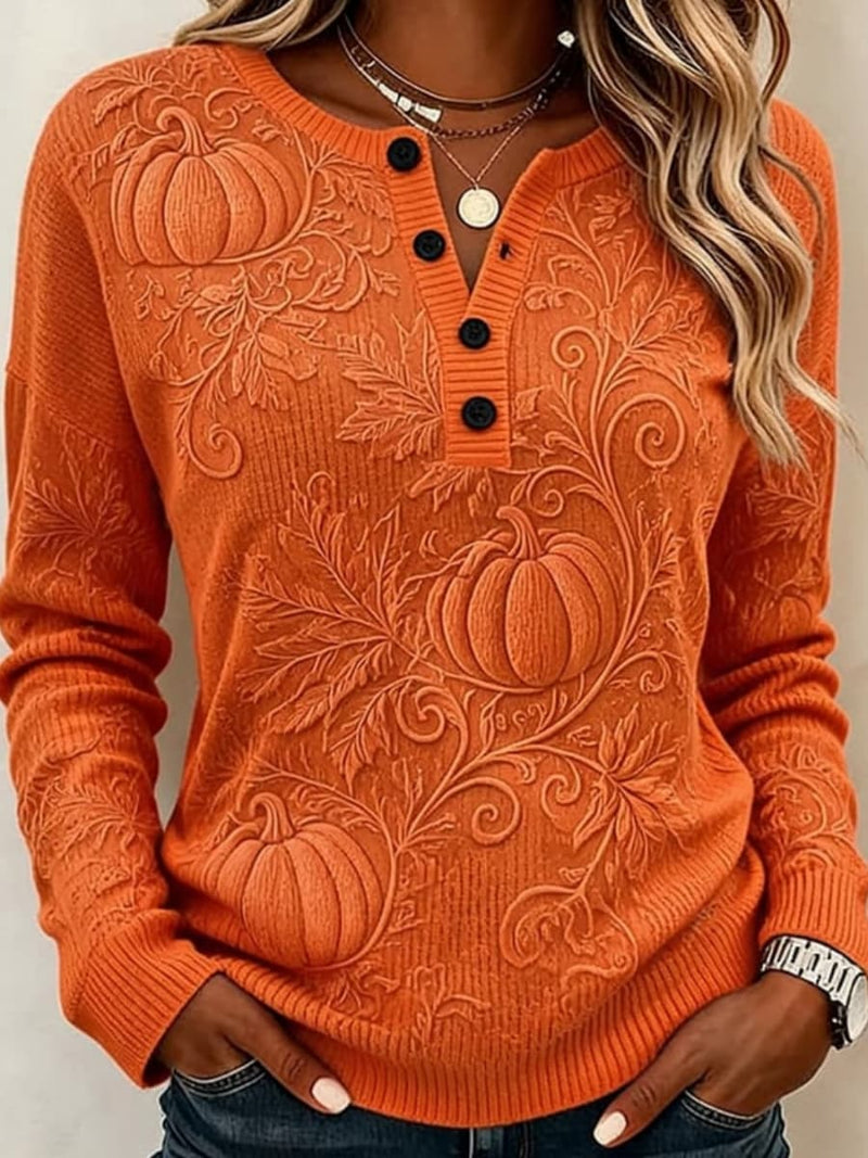 Women's Halloween Orange Pumpkin Embossed Henley Neck Long Sleeve Sweater