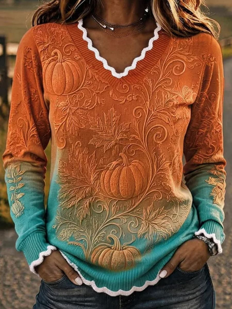 Women's Halloween Orange Pumpkin Lace Trim V Neck Long Sleeve Sweater