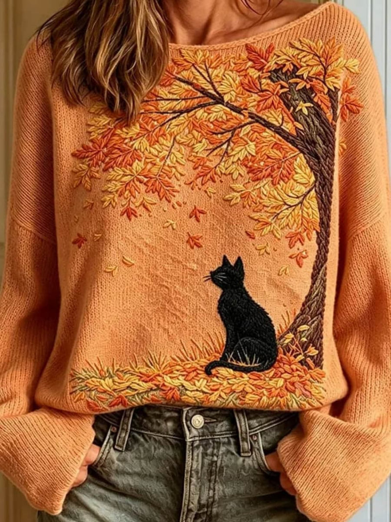 Women's Orange Cat Tree Print Boat Neck Long Sleeve Sweater