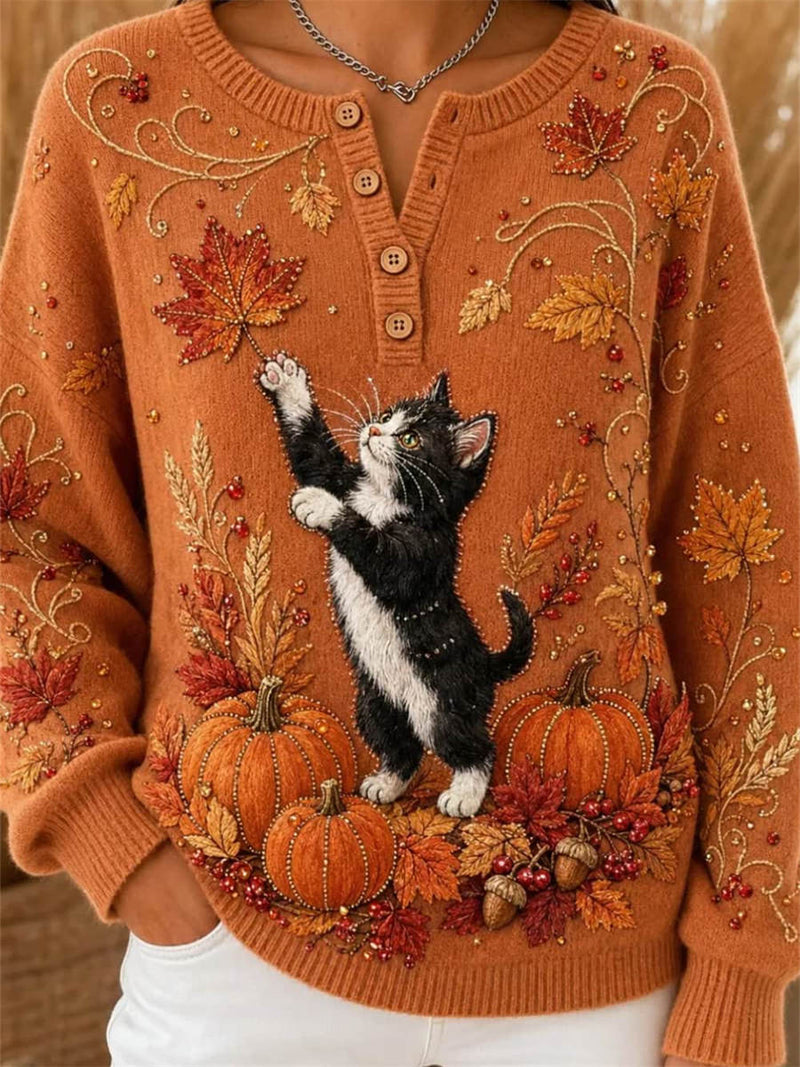Women's Halloween Orange Cat Pumpkin Print Henley Neck Long Sleeve Sweater