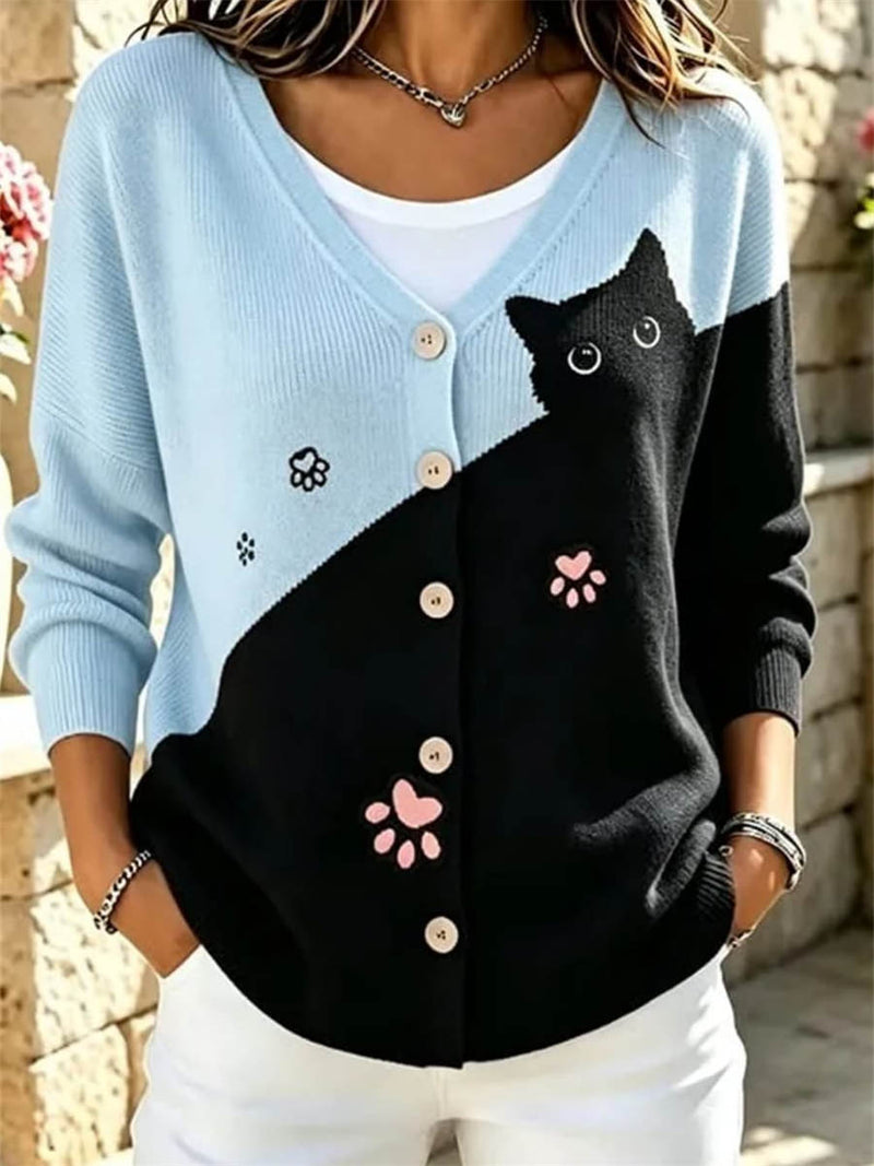 Women's Blue Black Cat Print V Neck Long Sleeve Cardigan