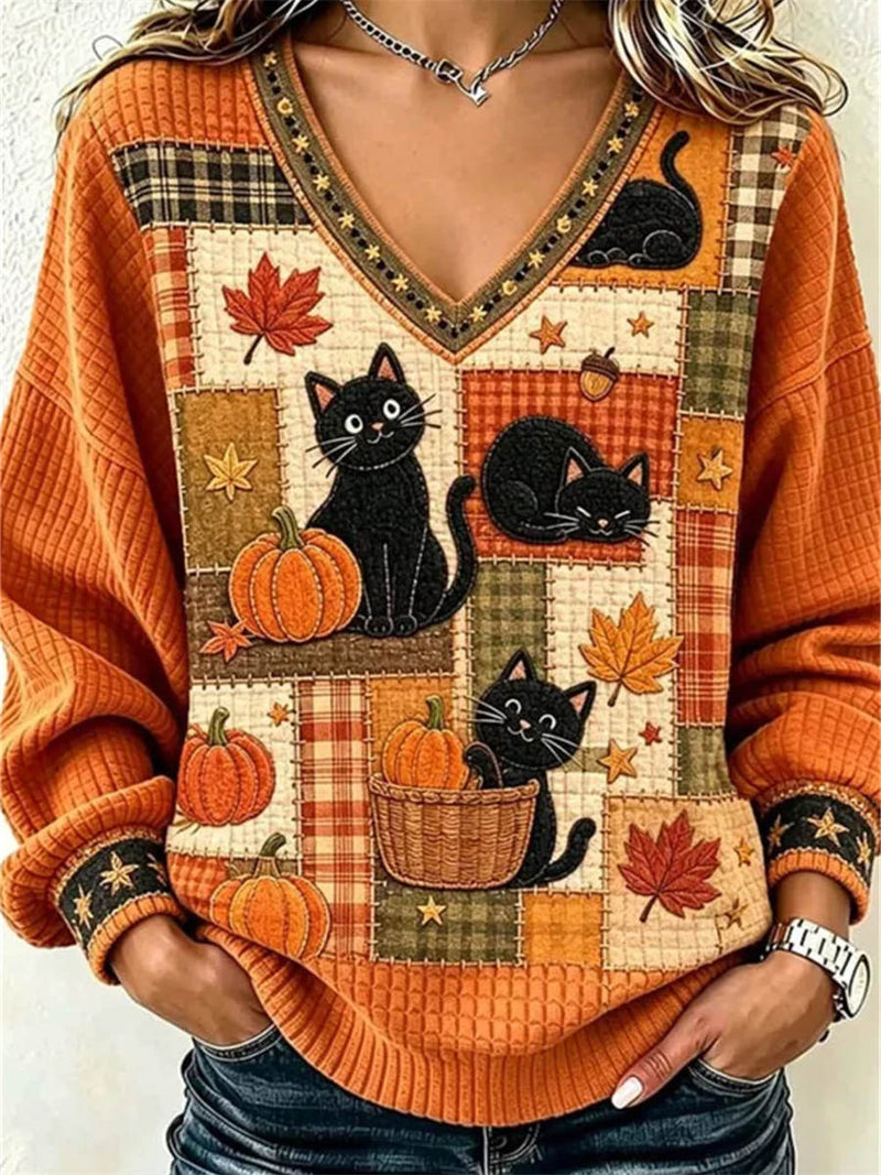 Women's Halloween Orange Cat Pumpkin Patchwork Print V Neck Long Sleeve Sweater