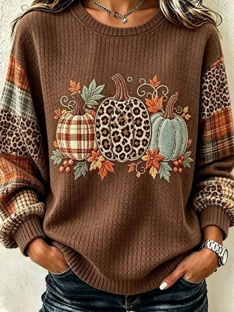 Women's Halloween Brown Pumpkin Leopard Print Round Neck Long Sleeve Sweater
