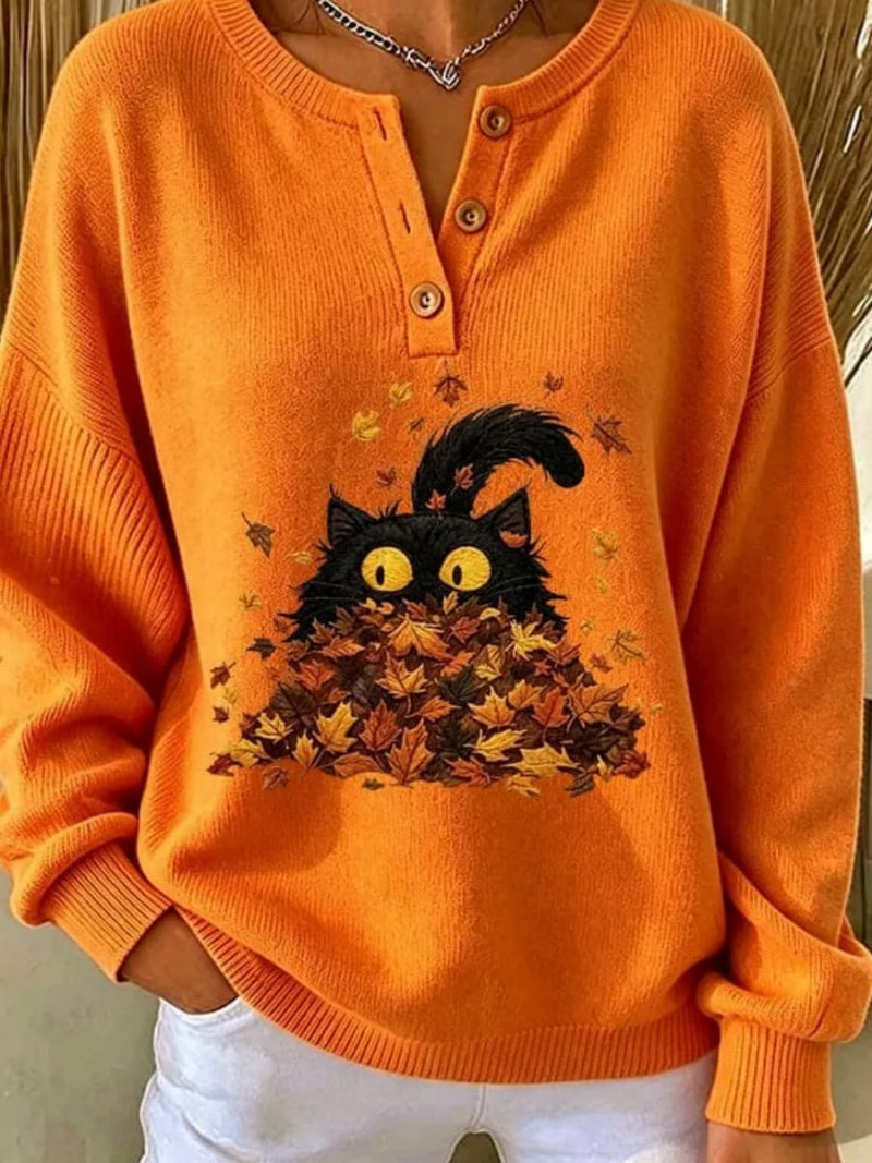 Women's Orange Cat Leaf Print Henley Neck Long Sleeve Sweater
