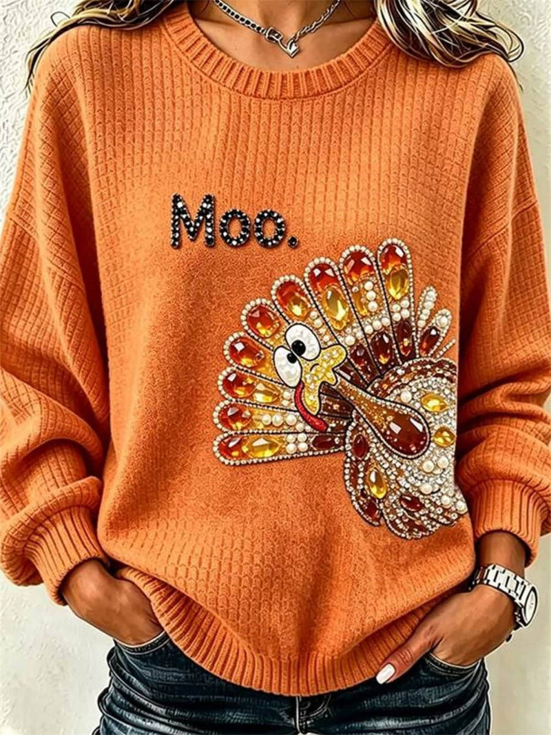 Women's Thanksgiving Orange Turkey Print Round Neck Long Sleeve Sweater