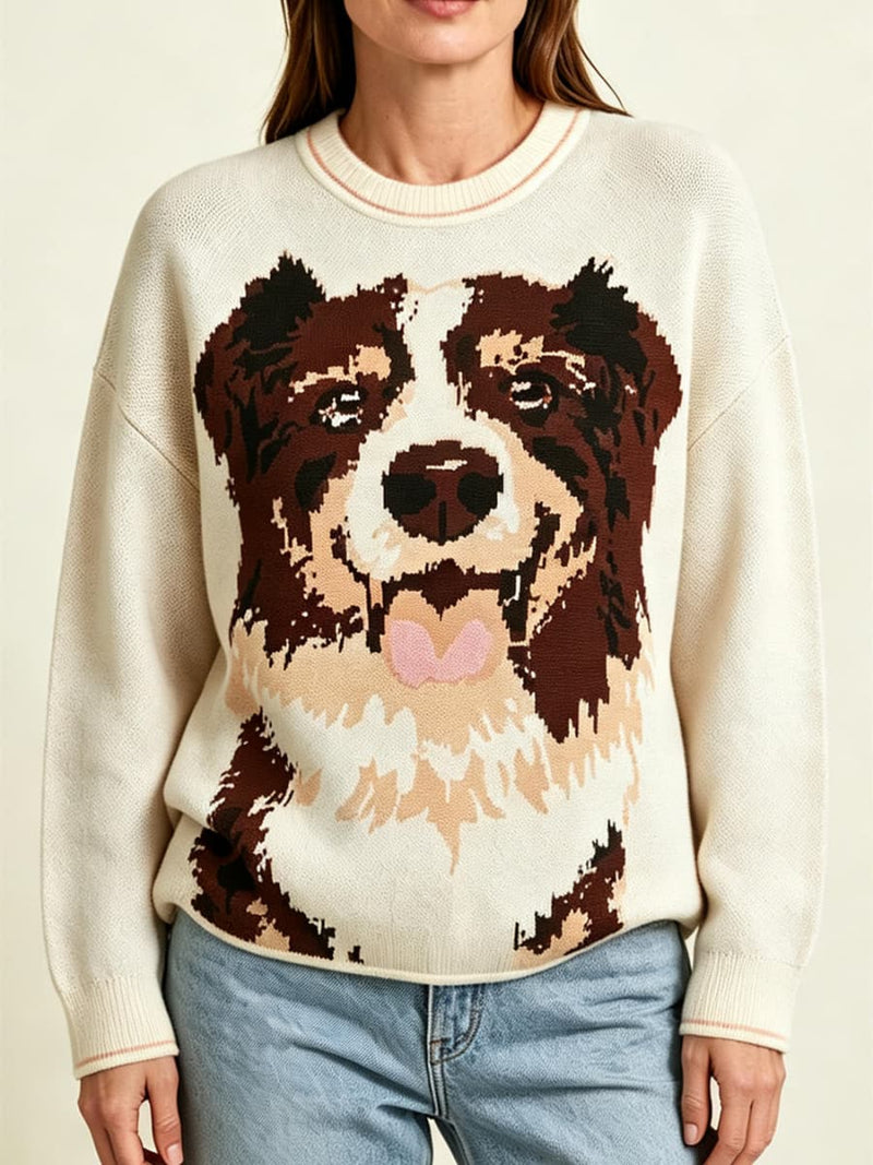 Women's White Dog Print Round Neck Long Sleeve Sweater