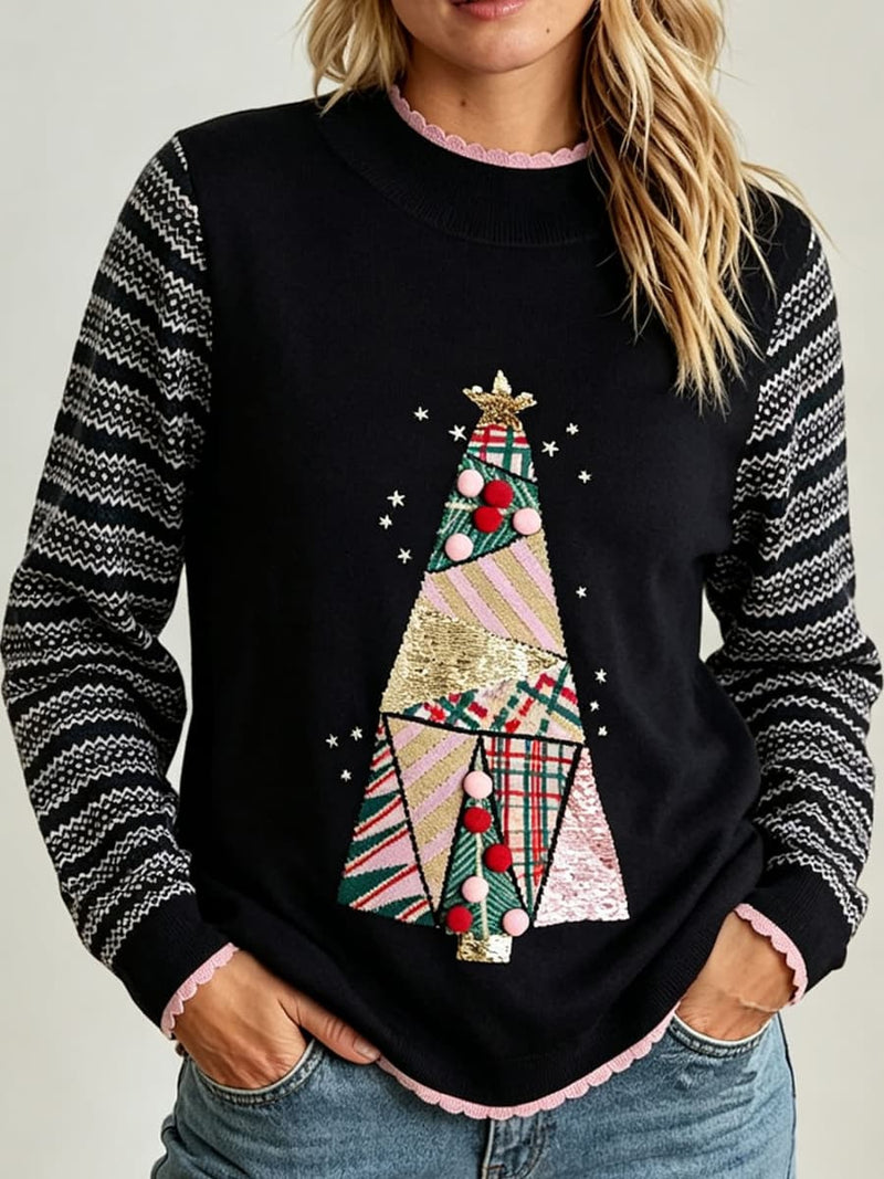Women's Christmas Black Christmas Tree Print Round Neck Long Sleeve Sweater