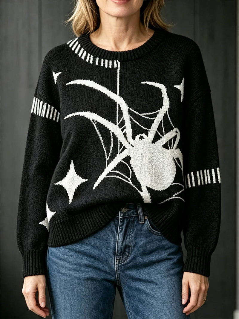 Women's Halloween Black White Spider Print Round Neck Long Sleeve Sweater