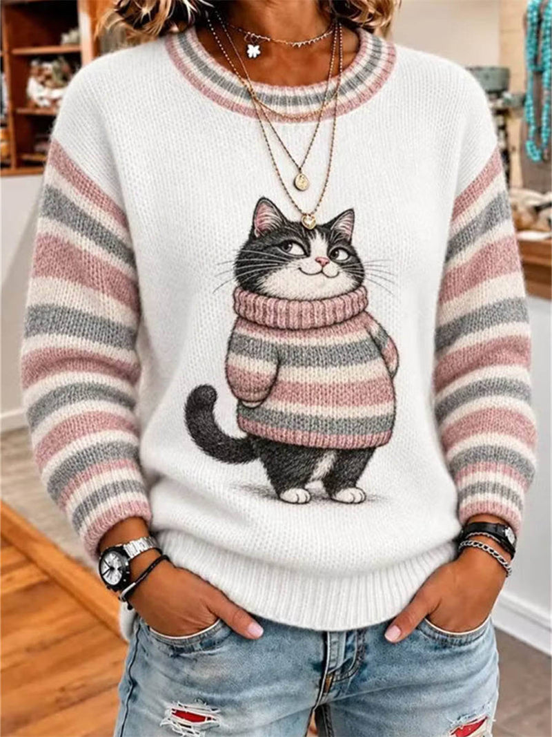 Women's White Cat Print Round Neck Long Sleeve Sweater