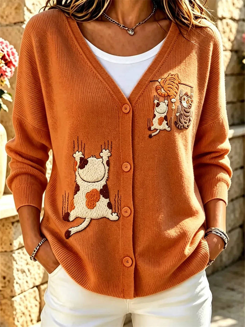 Women's Orange Cat Print Cardigan V Neck Long Sleeve Cardigan