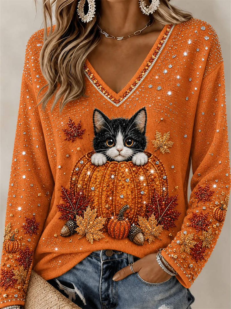 Women's Halloween Orange Cat Pumpkin Print V Neck Long Sleeve Sweater