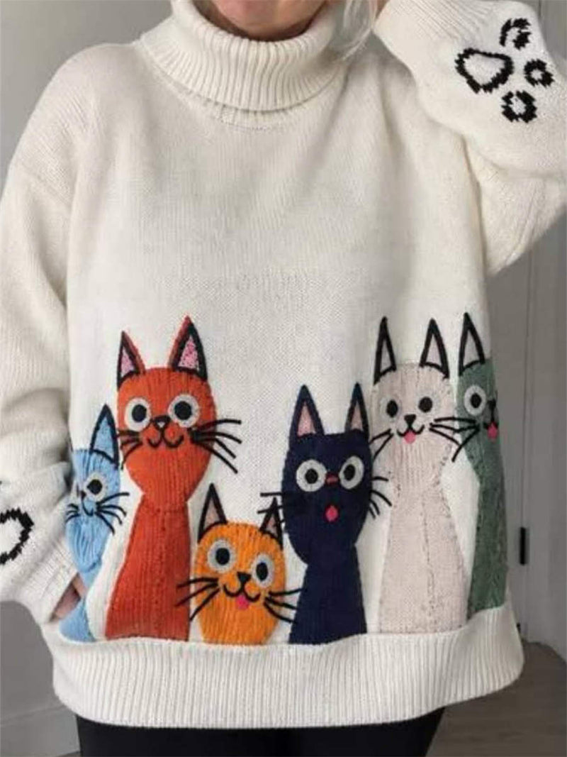 Women's White Cat Print Turtleneck Long Sleeve Sweater