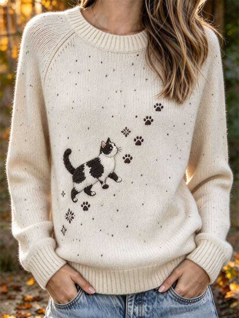 Women's Beige Cat Paw Print Round Neck Long Sleeve Sweater