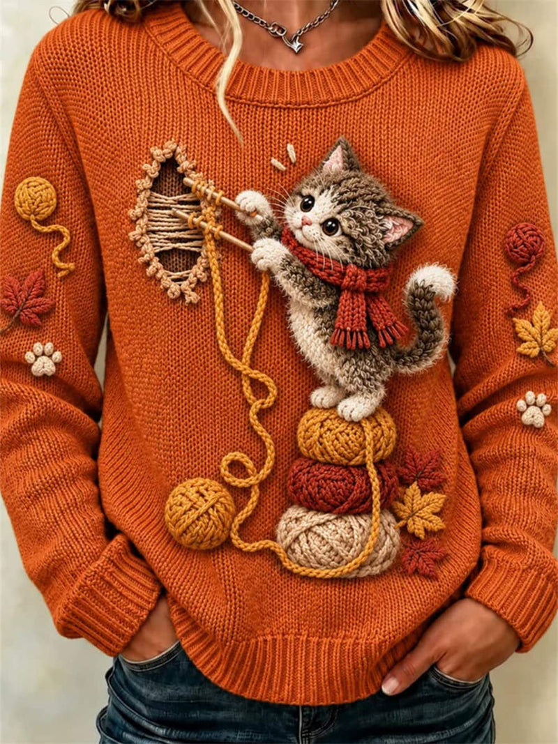 Women's Orange Cat Yarn Print Round Neck Long Sleeve Sweater