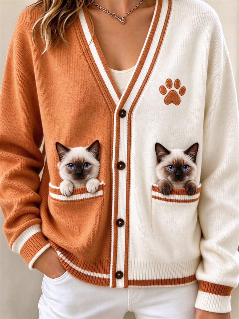 Women's Orange White Cat Pocket Print V Neck Long Sleeve Cardigan