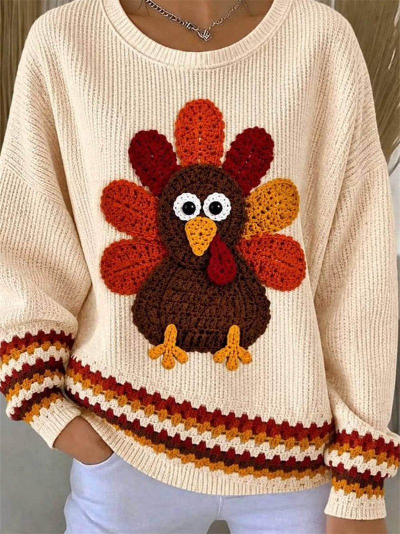 Women's Thanksgiving Beige Turkey Print Round Neck Long Sleeve Sweater