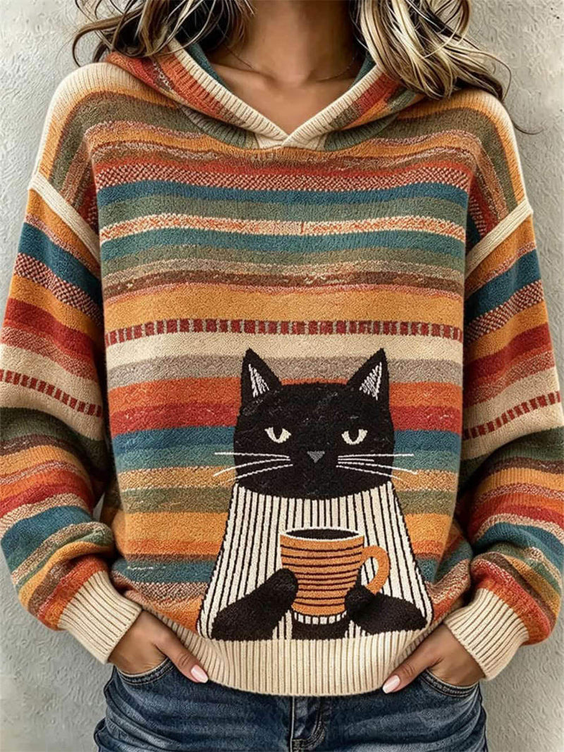 Women's Multi Striped Cat Print Hooded Long Sleeve Sweater