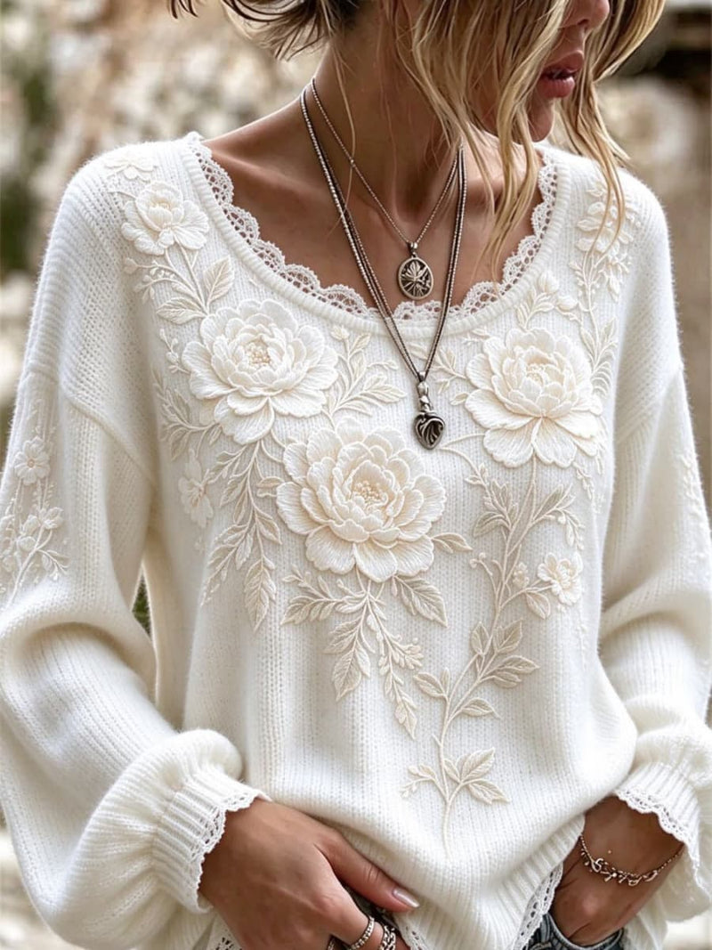 Women's White Floral Lace V Neck Long Sleeve Sweater