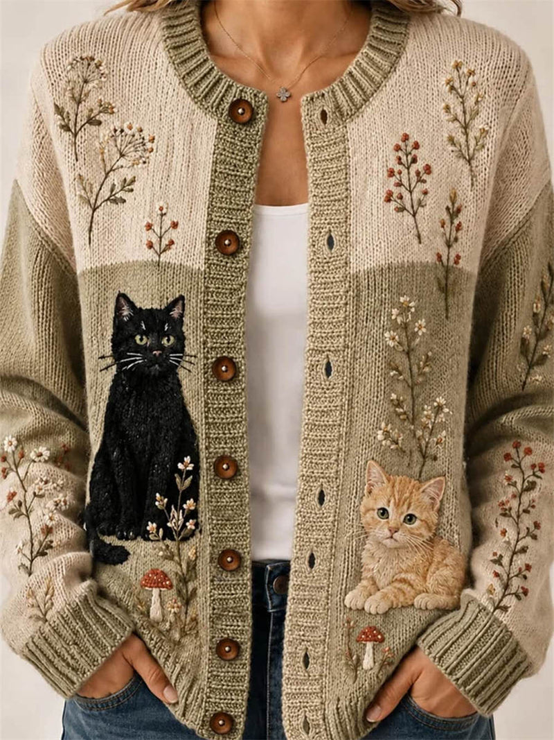 Women's Beige Cat Floral Print Round Neck Long Sleeve Cardigan