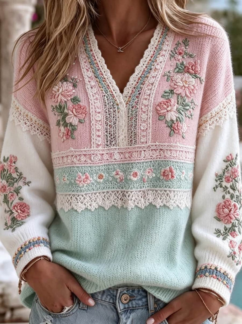 Women's Pink Floral Lace V Neck Long Sleeve Sweater