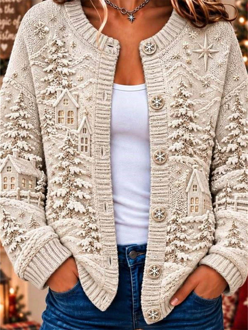Women's Christmas Beige House Tree Print Round Neck Long Sleeve Cardigan