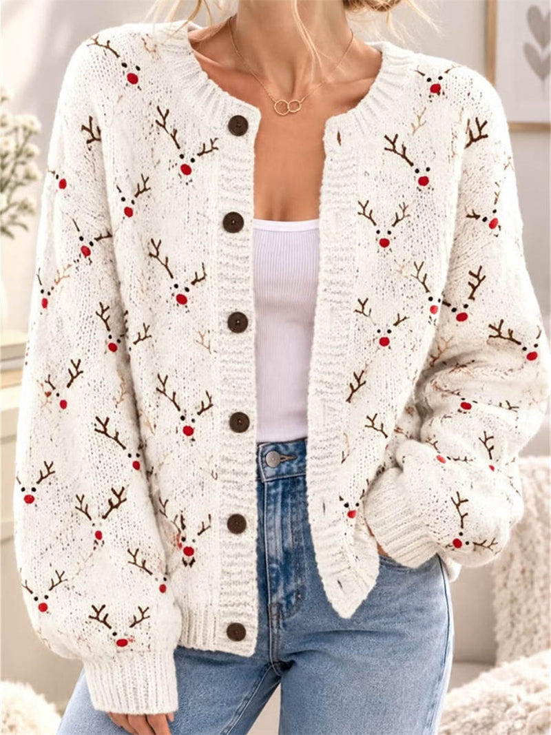 Women's Christmas White Deer Print Round Neck Long Sleeve Cardigan