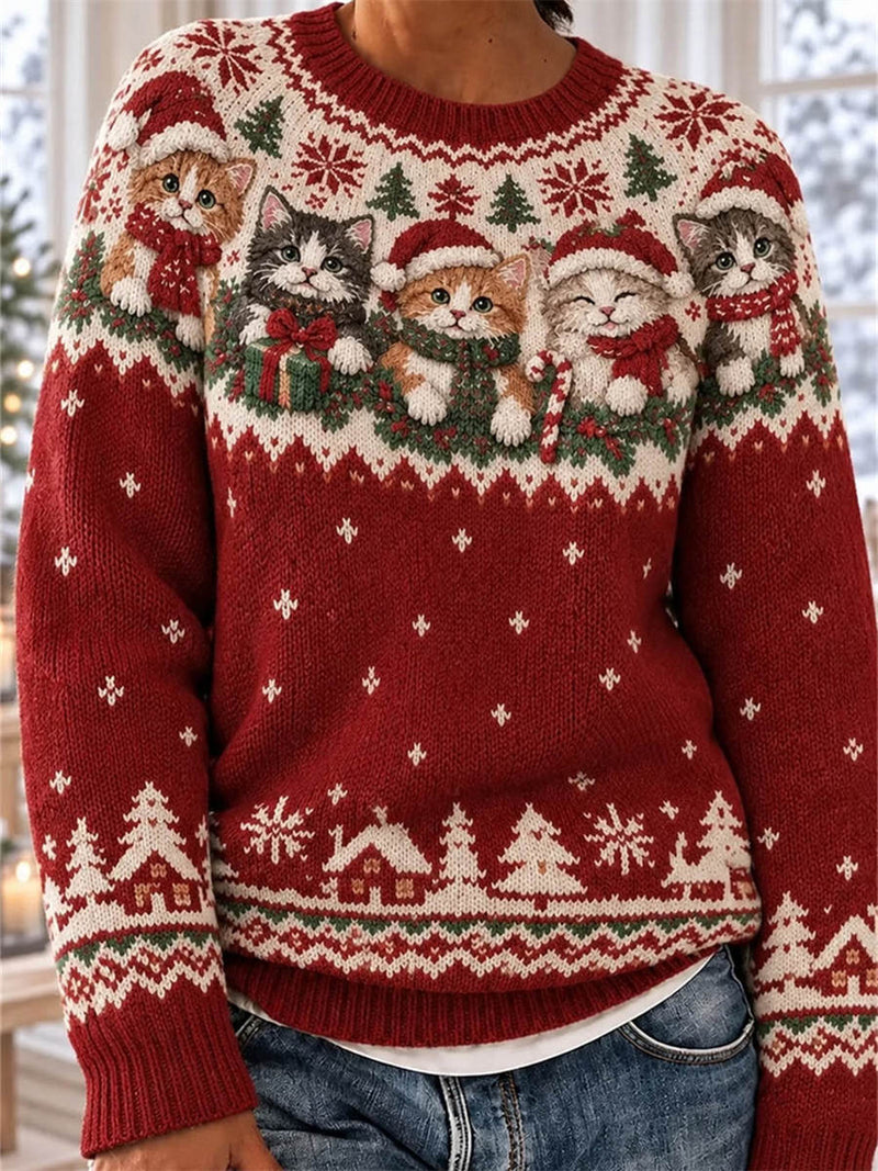Women's Christmas Red Cat Tree Print Round Neck Long Sleeve Sweater