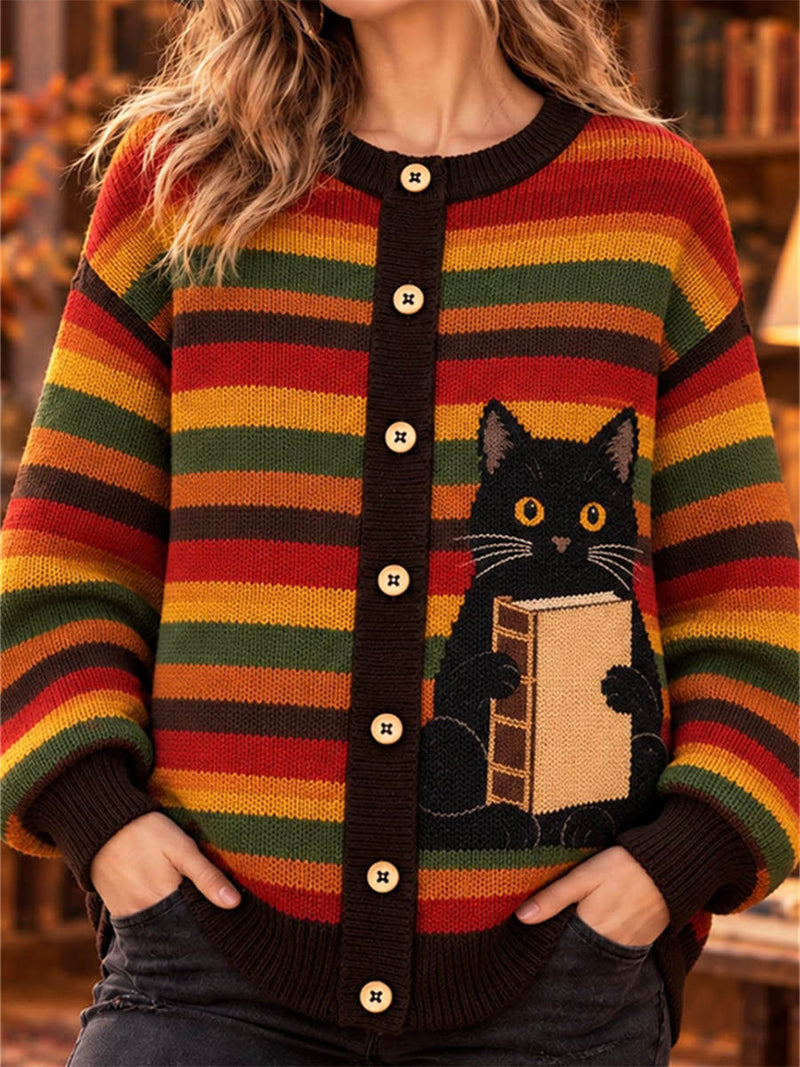 Women's Multi Striped Cat Book Print Round Neck Long Sleeve Cardigan