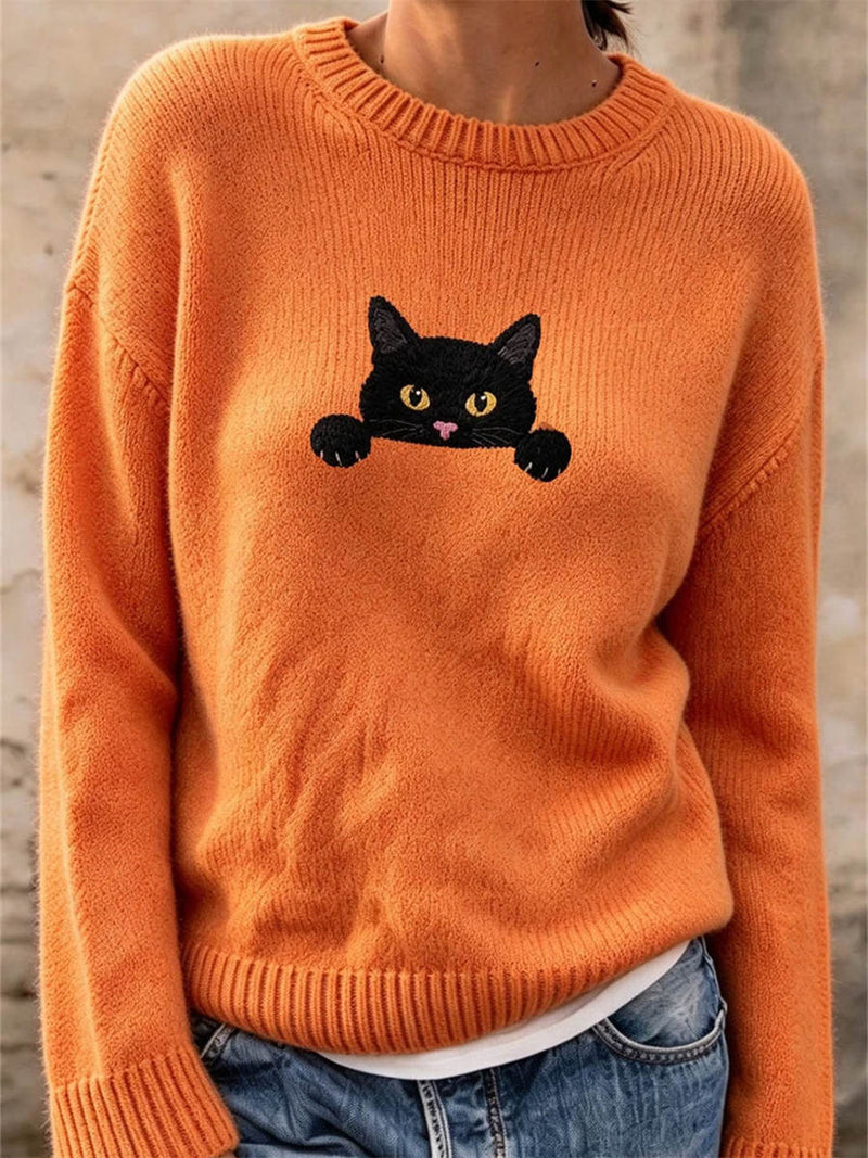 Women's Orange Cat Print Round Neck Long Sleeve Sweater