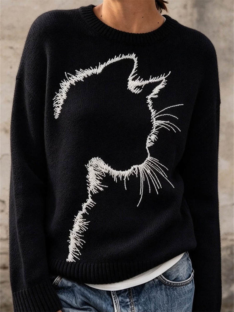 Women's Black Cat Print Round Neck Long Sleeve Sweater
